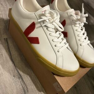Veja White Leather Platform Sneakers with Red V and Gum Sole